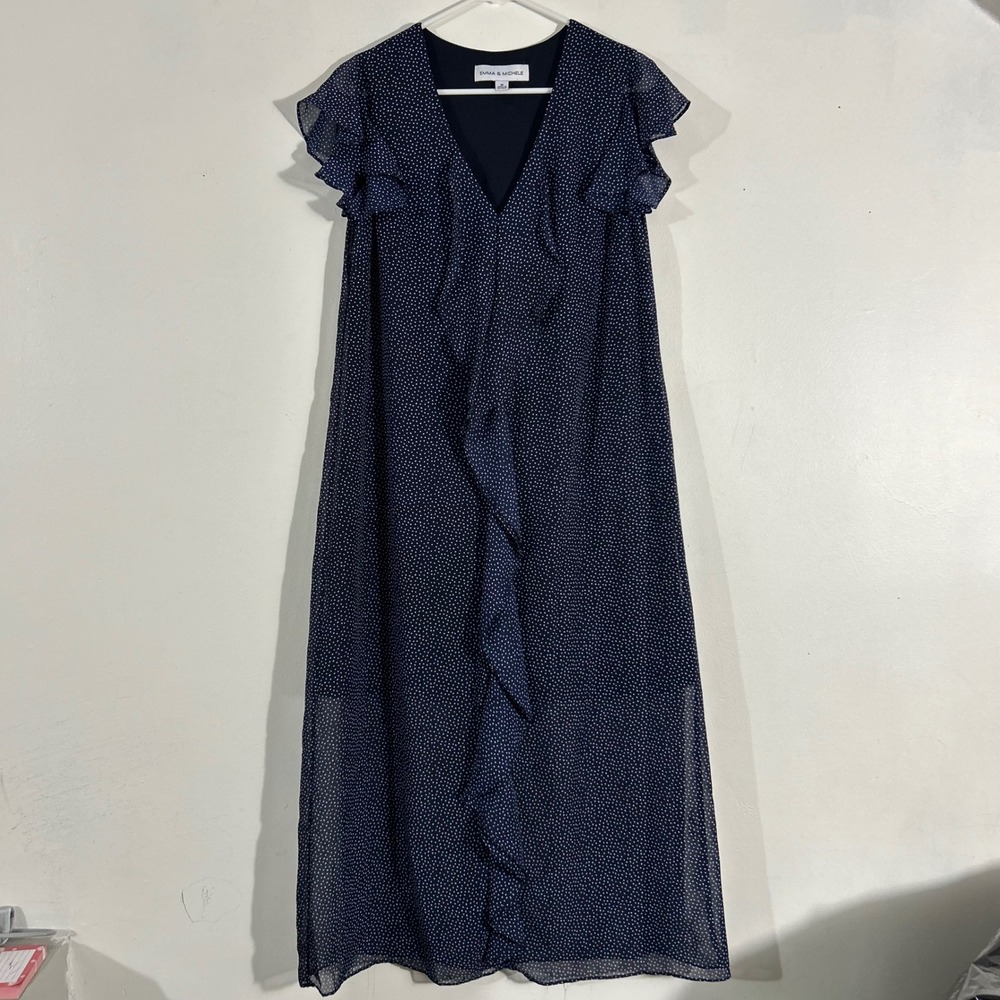 Emma & Michele Maxi Dress Womens M Navy Blue Polka Dot Excellent Ruffle Chiffon